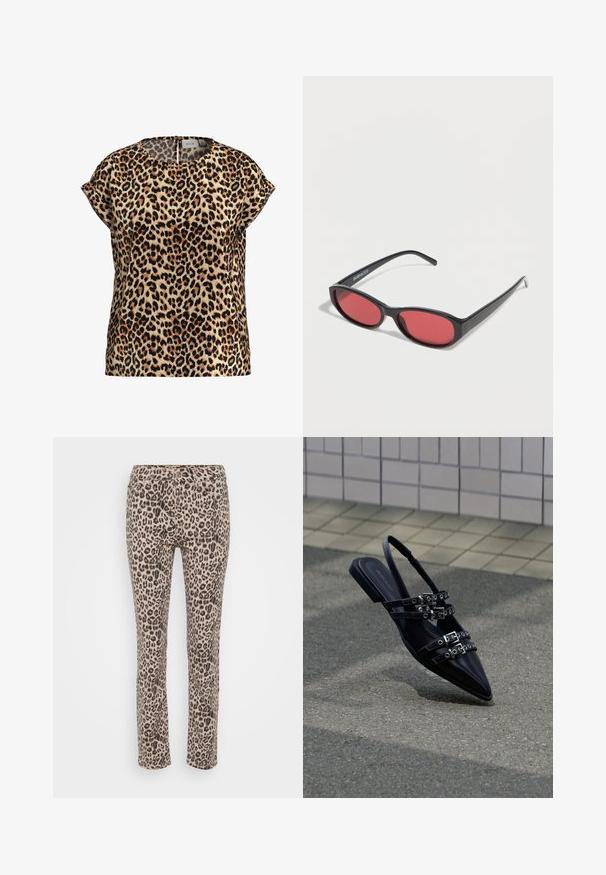 Top de estampado de leopardo, con mangas cortas y escote redondo, hecho de una tela sedosa; presenta un fondo beige con manchas negras y marrones.; Pantalones de estampado de leopardo en beige con manchas negras. Presentan un ajuste slim, diseño de cinco bolsillos y cierre de cremallera con botón.; Sandalia plana negra de punta afilada con varias correas con hebillas y talón descubierto, situada sobre una superficie pavimentada y con un fondo de muro de azulejos.; Gafas de sol ovaladas negras con varillas delgadas y lentes tintados de rojo descansando sobre una superficie blanca.