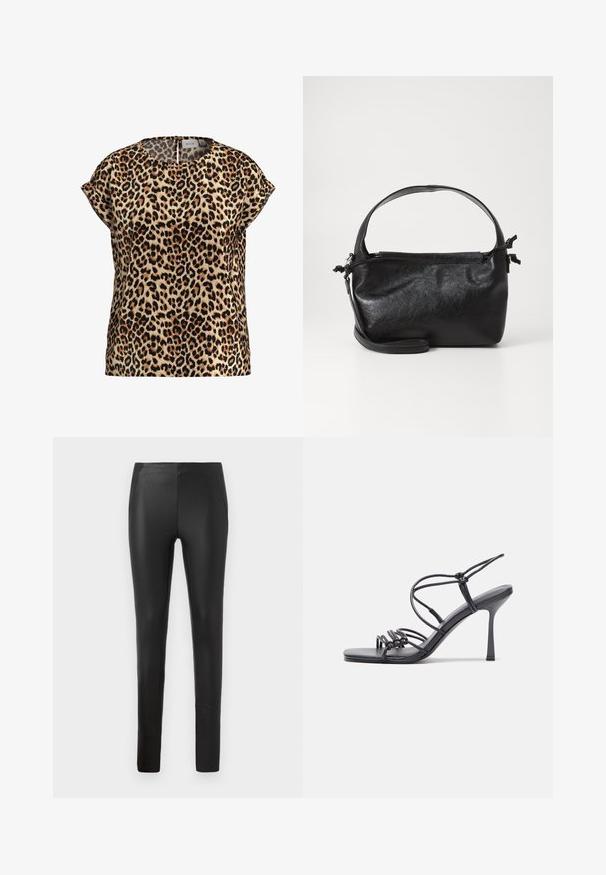 Top med leopardprint, korte ærmer, rund halsudskæring, lavet af silkeagtigt stof; har en lys brun baggrund med sorte og brune pletter.; Strækbare sorte kunstlæderbukser med en tætsiddende pasform, sidelommer og en glat tekstur, designet til en strømlinet silhuet.; Sorte højhælede sandaler med tynde stropper og en knyttet design, en glat firkantet tå og en slank stiletto hæl.; Sort læderhåndtaske med et struktureret design, rund tophåndtag og aftagelig skulderrem. Den har en glat tekstur og en subtil glans.