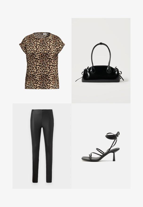 Top en imprimé léopard, à manches courtes, col rond, en tissu soyeux ; présente un fond beige avec des taches noires et brunes.; Pantalons noirs en simili cuir extensible, avec une coupe ajustée, des poches latérales et une texture lisse, conçus pour une silhouette épurée.; Sandale noire à lanières avec un bout carré, des liens de cheville réglables et un talon carré fin. Fabriquée en un matériau lisse et durable.; Petit sac à main noir brillant avec deux longues anses et des détails à cordon sur les côtés sur un fond clair uni.