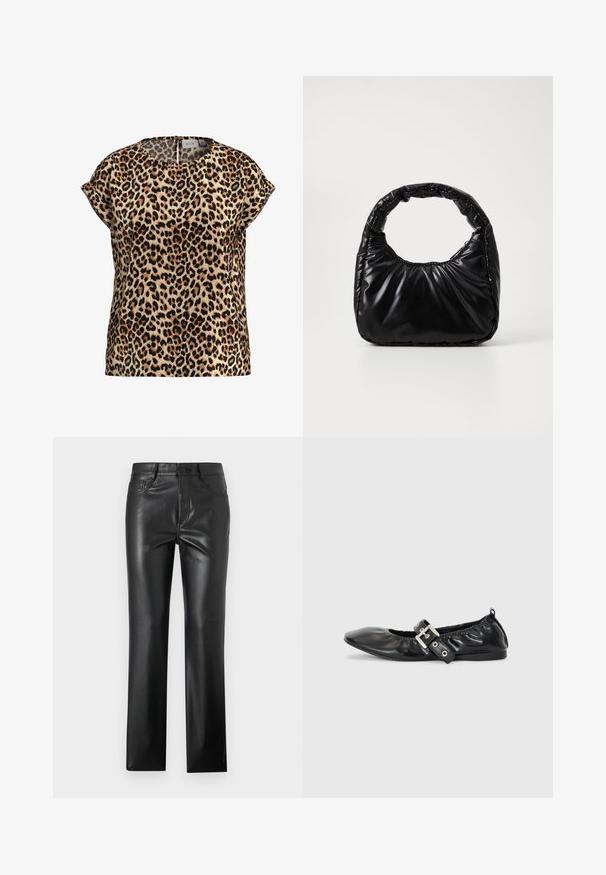 Top med leopardprint, korte ærmer, rund halsudskæring, lavet af silkeagtigt stof; har en lys brun baggrund med sorte og brune pletter.; Sorte læderbukser med et lige ben-design, der har frontlommer, knaplukning og en glat, blank tekstur.; Sorte læder flade sko med spids tå, samling detaljer omkring åbningen, og en sølv spænde accent på den justerbare rem.; Sort polstret håndtaske med et rundt håndtag, der har en glat, skinnende overflade og en blød, kviltet tekstur. Ingen synlige hardware eller accenter.