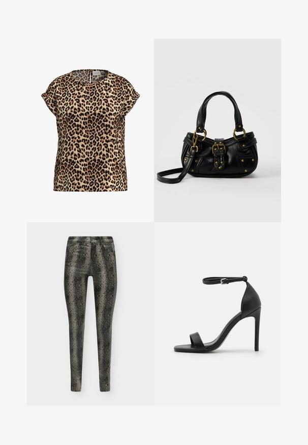 Top de estampado de leopardo, con mangas cortas y escote redondo, hecho de una tela sedosa; presenta un fondo beige con manchas negras y marrones.; Pantalones de corte ajustado con estampado de piel de serpiente en negro y gris, cierre de botones y bolsillos delanteros, exhibidos sobre un fondo claro y liso.; Sandalia de tacón alto negra con un diseño elegante, que cuenta con una correa en el tobillo, punta abierta y una textura de cuero suave.; Bolso de cuero negro con hebilla y detalles de remaches dorados, asas cortas y una correa de hombro ajustable sobre un fondo blanco liso.