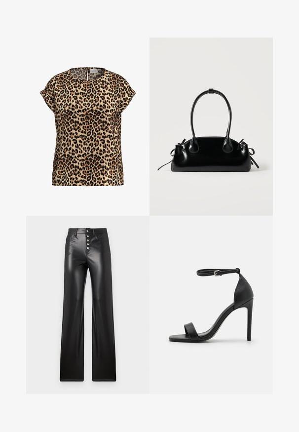 Top med leopardprint, korte ærmer, rund halsudskæring, lavet af silkeagtigt stof; har en lys brun baggrund med sorte og brune pletter.; ONLY ONLSMOOTH - Bukser - black; Sort højhælet sandal med et sleek design, der har en ankelrem, åben tå og glat lædertekstur.; Lille sort blank håndtaske med to lange håndtag og snøre-detaljer i siden på en ensfarvet lys baggrund.