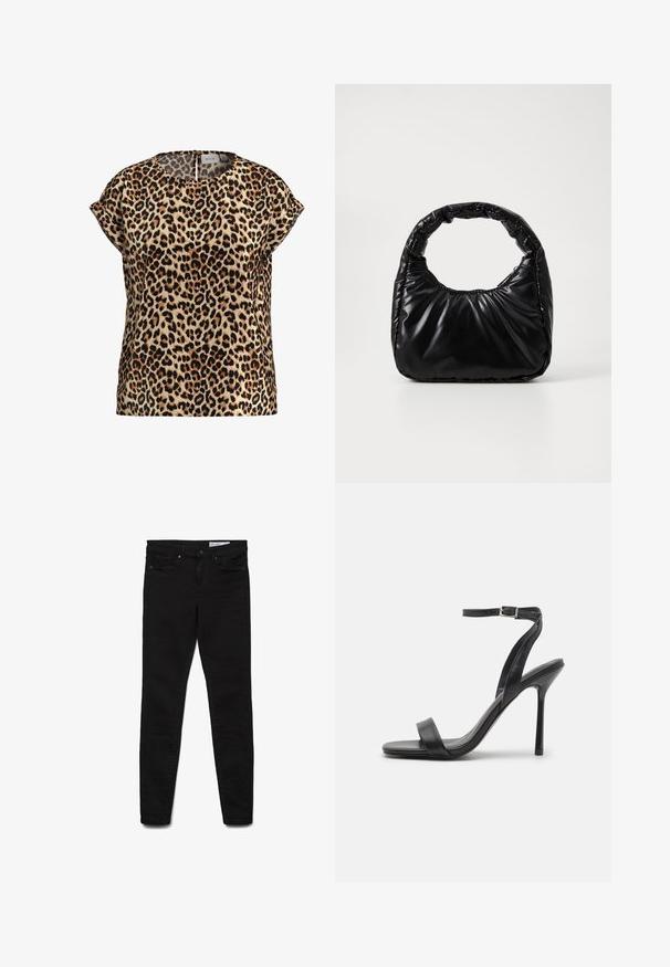 Leopardprint top, korte mouwen, ronde hals, gemaakt van een zijdezachte stof; heeft een tan achtergrond met zwarte en bruine vlekken.; Zwarte skinny jeans van denim stof, met een klassiek ontwerp met vijf zakken, een ritssluiting en subtiele stiksel details.; Zwarte hoge hakken sandaal met een slanke enkelband en twee voorste banden. Gemaakt van soepel leer met een slanke puntneus en een stiletteloze hak.; Zwarte gevoerde handtas met een ronde handgreep, met een gladde, glanzende oppervlakte en een zachte, gewatteerde textuur. Geen zichtbare metalen onderdelen of accenten.