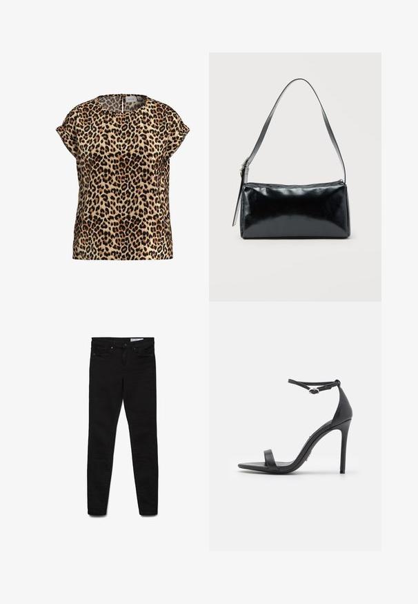 Leopardprint top, korte mouwen, ronde hals, gemaakt van een zijdezachte stof; heeft een tan achtergrond met zwarte en bruine vlekken.; Zwarte skinny jeans van denim stof, met een klassiek ontwerp met vijf zakken, een ritssluiting en subtiele stiksel details.; Zwarte hoge hakken sandalen met een open teen, dunne banden en een enkelsluiting. Gladde leren textuur met een puntige neus.; Zwarte rechthoekige schoudertas met een enkele verstelbare band en een bovenste ritssluiting op een effen achtergrond.