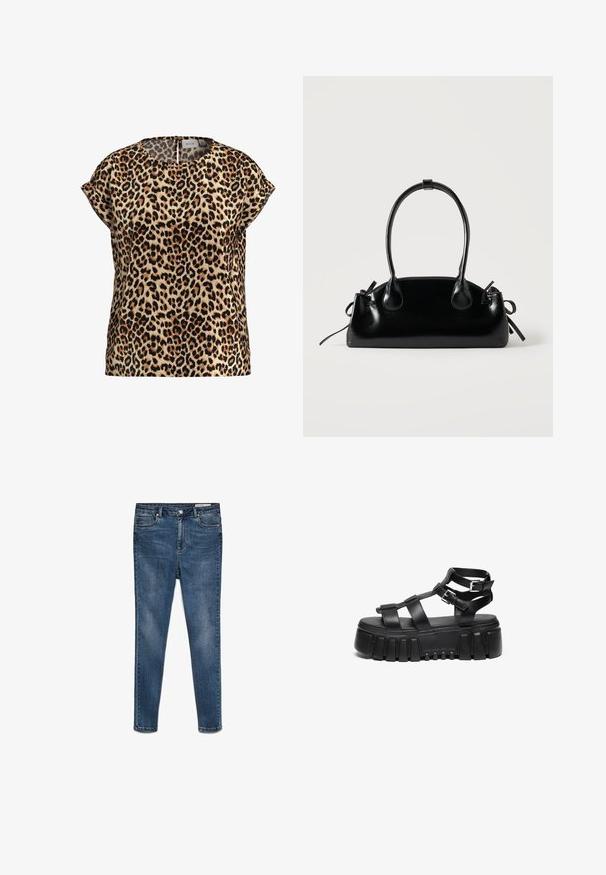 Top med leopardprint, korte ærmer, rund halsudskæring, lavet af silkeagtigt stof; har en lys brun baggrund med sorte og brune pletter.; Mørkeblå denim skinny jeans med mellem-høj talje, fem lommer og subtilt slid. Har knap- og lynlås-lukning.; Sorte platform sandaler har lagdelte stropper og spænde detaljer, med en chunky, struktureret sål og et glat fodsengdesign.; Lille sort blank håndtaske med to lange håndtag og snøre-detaljer i siden på en ensfarvet lys baggrund.
