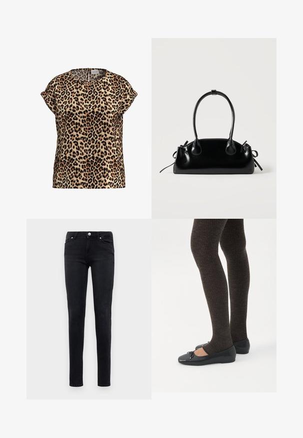 Top med leopardprint, korte ærmer, rund halsudskæring, lavet af silkeagtigt stof; har en lys brun baggrund med sorte og brune pletter.; Sorte slim-fit jeans med fem lommer, knaplukning og bæltestropper, vist mod en hvid baggrund.; Ben iført mørke ribbede leggings kombineret med sorte balletsko med små sløjfedetaljer på hvid baggrund.; Lille sort blank håndtaske med to lange håndtag og snøre-detaljer i siden på en ensfarvet lys baggrund.