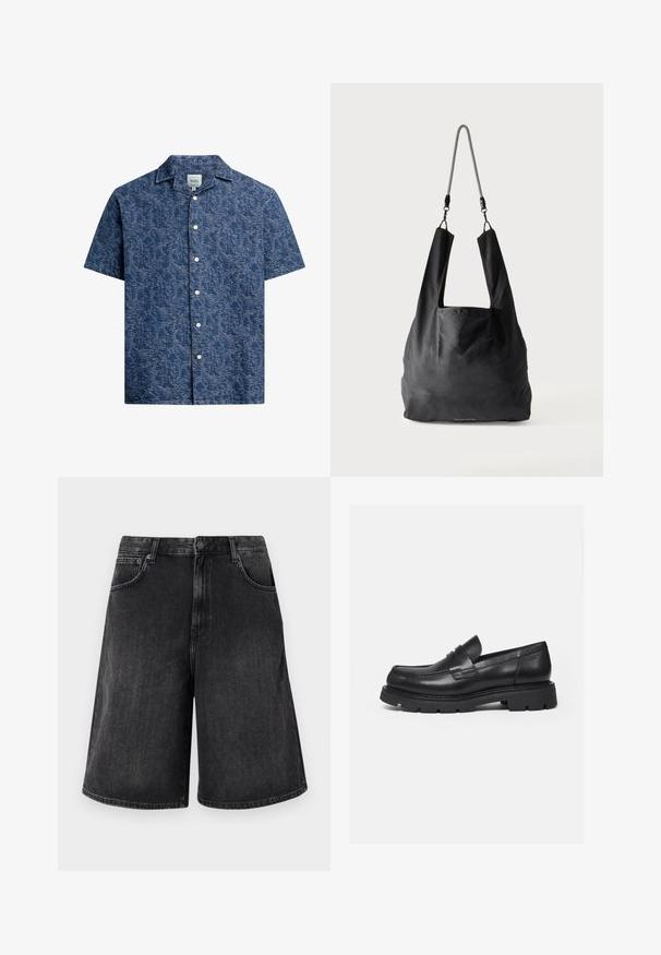Kortærmet skjorte med knaplukning i struktureret mørkeblå stof med et subtilt mønster og en klassisk krave. Har hvide knapper foran.; Sorte denimshorts med en bred, lige pasform, der har knaplukning foran og fem lommer. Blød tekstur med en falmet finish.; Sort læderloafer med tyk rillede sål og penny-remdetalje, vist i højre sideprofil på hvid baggrund.; Sort blød stofnettaske med brede håndtag og en tynd sort-hvid flettet skulderrem.