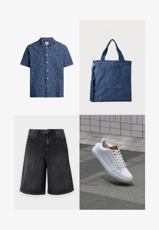 Kortærmet skjorte med knaplukning i struktureret mørkeblå stof med et subtilt mønster og en klassisk krave. Har hvide knapper foran.; Sorte denimshorts med en bred, lige pasform, der har knaplukning foran og fem lommer. Blød tekstur med en falmet finish.; Hvide lædersneakers med en glat overflade, tan-akcent på hælen, gyldent logo på siden og en gummisål med tekstureret greb.; Blå lærredstote taske med frontlomme og rød "O.N.S" broderi, med to håndtag og en justerbar skulderrem.
