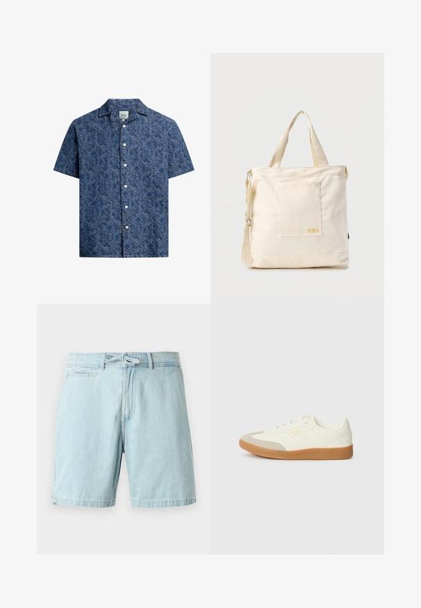 Kortærmet skjorte med knaplukning i struktureret mørkeblå stof med et subtilt mønster og en klassisk krave. Har hvide knapper foran.; Lyseblå denimshorts med elastisk talje og snøre detaljer, med sidelommer og en afslappet pasform. Glat tekstur, casual design.; Sneaker lavet af hvid læder med en beige tåhætte og let brunt gummisål. Har flade hvide snørebånd og prægede branding på siden.; Kremfarvet lærredstote-taske med frontlomme, to håndtag, justerbar skulderrem og lille gul "O.N.S" tekst i nederste højre hjørne af lommen.