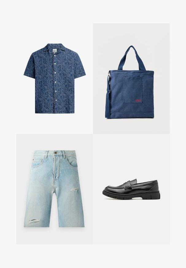 Chemise à manches courtes en tissu texturé bleu foncé avec un motif subtil et un col classique. Présente des boutons blancs sur le devant.; Shorts en denim bleu clair avec une coupe décontractée, présentant des accents déchirés, des poches latérales et une fermeture à un bouton par-dessus.; Mocassin en cuir noir avec une large sangle sur le devant, semelle en caoutchouc à épaisse rainure, et texture lisse. Design classique et élégant.; Sac fourre-tout en toile bleue avec poche frontale et broderie rouge "O.N.S", doté de doubles poignées et d'une bandoulière réglable.