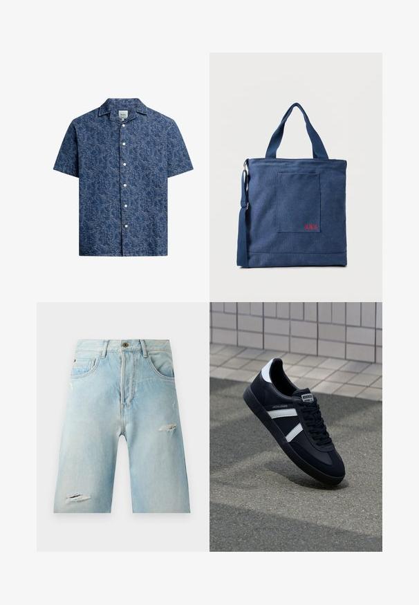 Kortærmet skjorte med knaplukning i struktureret mørkeblå stof med et subtilt mønster og en klassisk krave. Har hvide knapper foran.; Lysblå denimshorts med en afslappet pasform, der har slidte detaljer, sidelommer og en enkelt knaplukning øverst.; Sort lædersneaker med hvide striber, tekstureret gummisål og snørrebånd foran. Har et brandet mærke på tungen.; Blå lærredstote taske med frontlomme og rød "O.N.S" broderi, med to håndtag og en justerbar skulderrem.