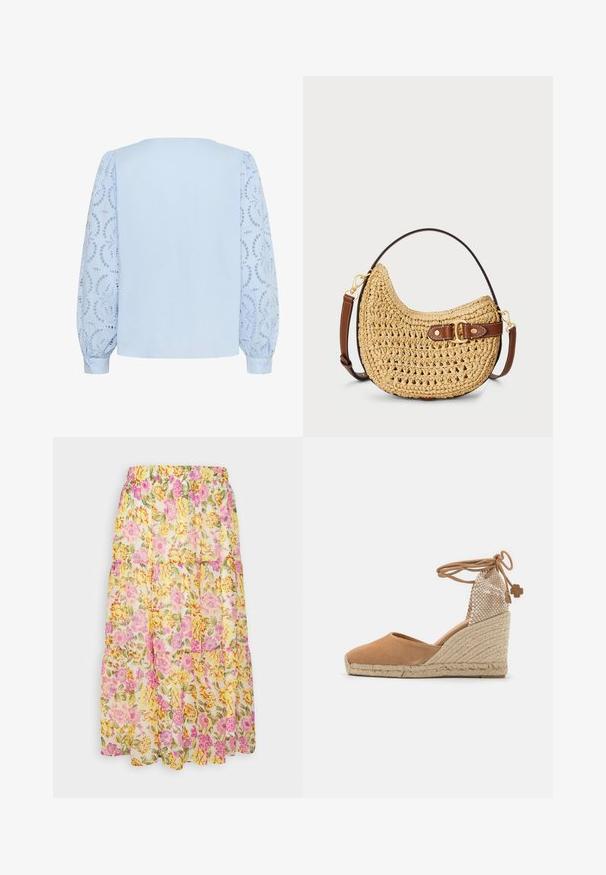 Blouse bleu clair avec panneau arrière uni et manches longues bouffantes en dentelle présentant des motifs floraux circulaires découpés et poignets boutonnés.; VILA VIMAGGIE MIDI SKIRT - Jupe trapèze - cloud dancer; Sandale à talon compensé en suède tan avec une semelle en jute, un design à bout ouvert et un dos en maille tressée avec une fermeture à lacets et un accent décoratif.; Sac hobo en paille tissée avec une forme courbée, une sangle en cuir marron avec une boucle et une couleur beige naturel. Surface texturée avec des coutures visibles.