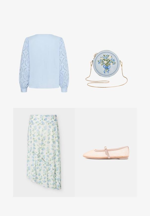 Lichtblauwe blouse met een effen achterpaneel en lange opgeblazen kanten mouwen met ronde bloemige uitsnijdingspatronen en knoopsluitingen aan de manchetten.; Witte midirok met blauwe hortensia bloemenprint, wikkelontwerp en asymmetrische zoom tegen effen achtergrond.; Licht beige platte schoen met een puntige neus en een enkele gesp aan de zijkant, weergegeven op een effen witte achtergrond.; Ronde lichtblauwe tas met blauw-witte bloemen, vastgebonden met een blauw lint, gouden kettinghengsel en een rand met gegolfde details.