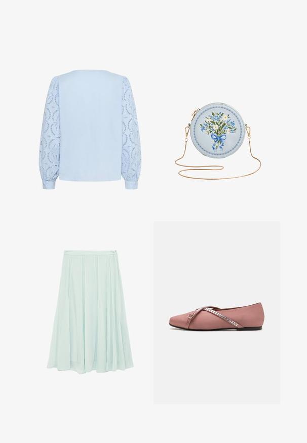 Blusa azul claro con panel trasero sólido y mangas largas abullonadas de encaje con patrones circulares de flores recortadas y puños con botones.; Falda midi plisada azul claro con cinturilla y cremallera lateral oculta, tela fluida con suaves pliegues verticales.; Bailarinas de satén rosa suave con un diseño de tiras cruzadas adornadas con acentos cuadrados plateados y punta redonda. Suela negra baja.; Bolso redondo azul claro con flores azules y blancas, atado con un lazo azul, correa de cadena dorada y detalles de borde ondulado.