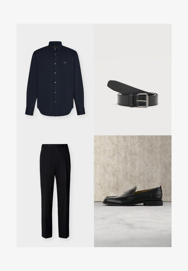 Chemise noire à manches longues avec boutons et col, avec écusson du logo Boss sur la poitrine gauche, présentée sur un fond clair uni.; Pantalon noir droit sur mesure avec passants de ceinture et plis avant, présenté sur un fond clair uni.; Mocassin pour homme en cuir noir avec un dessus embossé effet croco et un petit talon, présenté de profil sur un fond neutre.; Ceinture en cuir noire enroulée avec une boucle rectangulaire en métal argenté sur un fond clair uni.