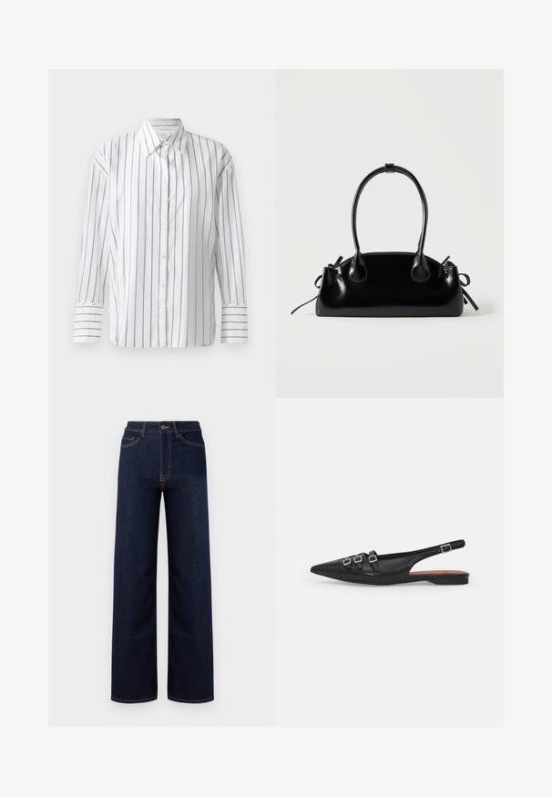 Weißes Langarmhemd mit schmalen blauen vertikalen Streifen, durchgehender Knopfleiste und klassischem Kragen. Glattes Baumwollmaterial, lockere Passform.; Dunkelblaue weit geschnittene Jeans aus Denim, mit hoher Taille, vier Taschen und kontrastierenden Nähten entlang der Nähte.; Schwarze Leder-Slingback-Ballerina mit spitzem Zeh, ausgestattet mit zwei horizontalen Riemen und quadratischen silbernen Schnallen, mit flachem Absatz und glatter Oberfläche.; Kleine schwarze glänzende Handtasche mit zwei langen Griffen und seitlichen Kordelzug-Details vor einfachem hellem Hintergrund.