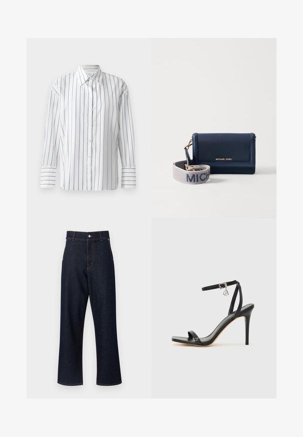 Chemise blanche à manches longues présentant de fines rayures verticales bleues, avec un devant à boutons et un col classique. Tissu en coton lisse, coupe décontractée.; Jean en denim bleu foncé avec une taille haute, coupe droite, détails de couture orange et fermeture à bouton. Pas de poches avant visibles.; Sandale à talon haut noire avec une bride étroite à la cheville, bout carré, cuir lisse et accent de boucle métallique.; Portefeuille en cuir navy avec un logo doré, doté d'une sangle détachable avec "MICHAEL" en texte blanc sur un fond texturé. Design compact.
