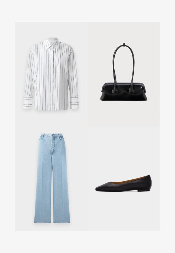 Chemise blanche à manches longues présentant de fines rayures verticales bleues, avec un devant à boutons et un col classique. Tissu en coton lisse, coupe décontractée.; Jeans larges bleu clair en denim avec une taille haute, comprenant cinq passants de ceinture, une fermeture à bouton à l'avant et des coutures cousues.; Chaussure plate en cuir noir à bout pointu avec talon bas et finition lisse, vue de côté sur un fond gris clair.; Sac à main en cuir noir avec deux poignées allongées, une texture lisse et une base arrondie, ornée d'accents décoratifs sur les côtés.