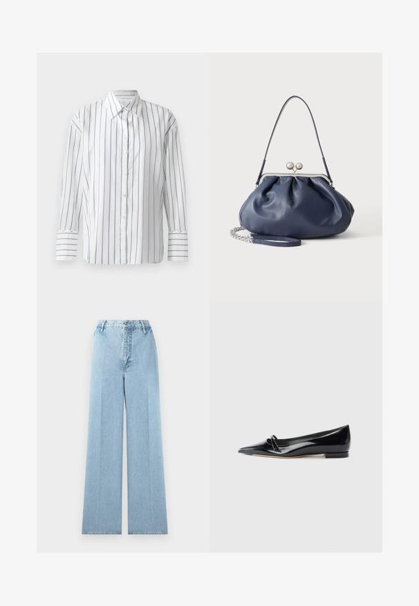 Camisa blanca de manga larga con finas rayas verticales azules, cierre de botones en la parte delantera y cuello clásico. Tejido de algodón suave, corte relajado.; Jeans de mezclilla de corte ancho en azul claro con una cintura alta, con cinco pasadores para cinturón, cierre frontal con botón y costuras cosidas.; Zapato plano de charol negro con punta afilada, pequeña tira decorativa y tacón bajo. Textura suave y diseño elegante.; Bolso de mano de cuero azul marino suave con cierre de broche plateado, una correa de hombro y correa de cadena desmontable para la muñeca sobre fondo blanco.