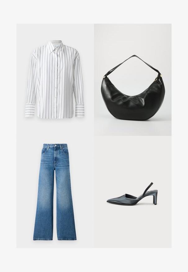Chemise blanche à manches longues présentant de fines rayures verticales bleues, avec un devant à boutons et un col classique. Tissu en coton lisse, coupe décontractée.; Jean en denim bleu taille haute avec une coupe large, présentant un léger délavage, un design classique à cinq poches et une fermeture à bouton en métal.; Escarpin noir à bride arrière avec un bout pointu, une finition satinée élégante et un talon fin de 7,5 cm. Design latéral ouvert avec des détails de couture minimalistes.; Sac à épaule en cuir noir, de forme courbée, avec une texture douce et une seule sangle; il comporte une fermeture éclair dorée et un logo discret.