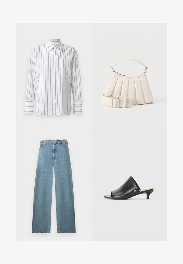 Chemise blanche à manches longues présentant de fines rayures verticales bleues, avec un devant à boutons et un col classique. Tissu en coton lisse, coupe décontractée.; Jean en denim bleu clair à jambes larges avec une taille haute, passants pour ceinture, fermeture avant par bouton et zip sur fond blanc.; Mules ouverts en cuir noir avec un talon bas. Présentent une surface lisse et un accent logo doré sur le côté.; Sac à main blanc plissé avec poignée courte et une large bandoulière amovible texturée avec boucle argentée.