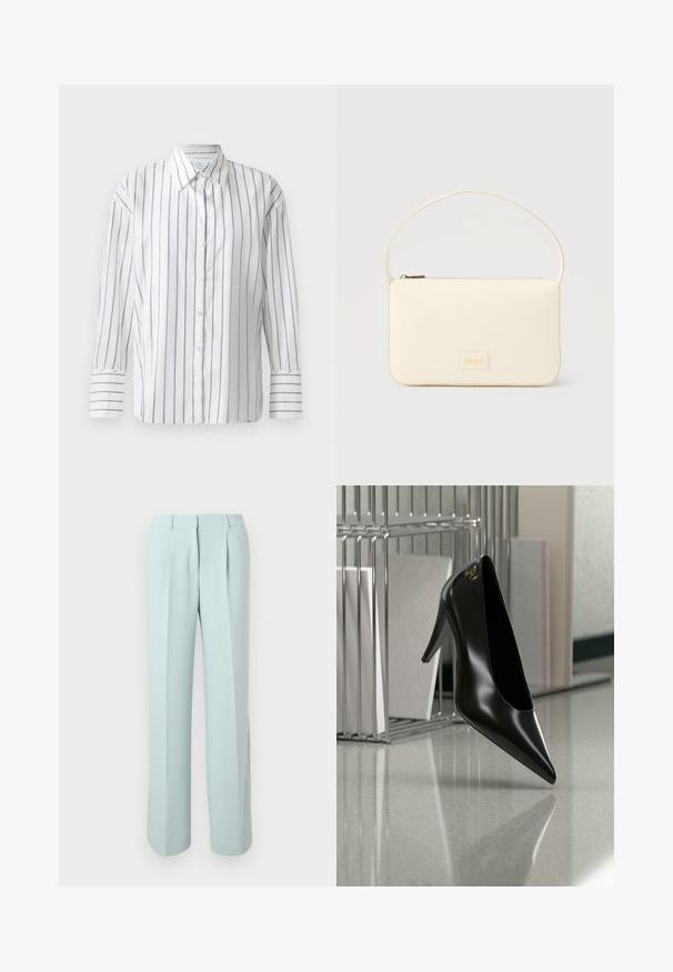 Weißes Langarmhemd mit schmalen blauen vertikalen Streifen, durchgehender Knopfleiste und klassischem Kragen. Glattes Baumwollmaterial, lockere Passform.; Hellblaue High-Waist-Hose mit vorderen Falten, Gürtelschlaufen und geraden, weiten Beinen vor weißem Hintergrund.; Schwarzer High-Heel-Schuh mit spitzer Zehe und goldem Logo, auf einer reflektierenden Oberfläche nahe einem verchromten Draht-Organizer mit Dokumenten positioniert.; Rechteckige Handtasche in Cremefarbe mit einem einzelnen Trageriemen und Reißverschluss oben, ausgestattet mit einer kleinen, geprägten Logoplakette vorne.