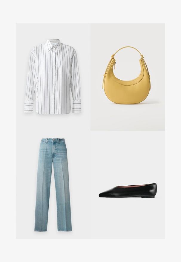 Witte lange mouwen shirt met smalle blauwe verticale strepen, een knoopsluiting aan de voorkant en een klassieke kraag. Glad katoen, comfortabele pasvorm.; Lichtblauwe denimjeans met een hoge taille, rechte pijpen, subtiele vervaging, koperen klinknagels en een klassieke knoopsluiting aan de voorkant.; Zwarte leren damesschoen met platte zool, puntige neus en lage hak, zijwaarts afgebeeld tegen een effen lichtgrijze achtergrond.; Gele leren handtas in de vorm van een halve maan met korte handgreep en gouden ritssluiting, weergegeven op een effen witte achtergrond.