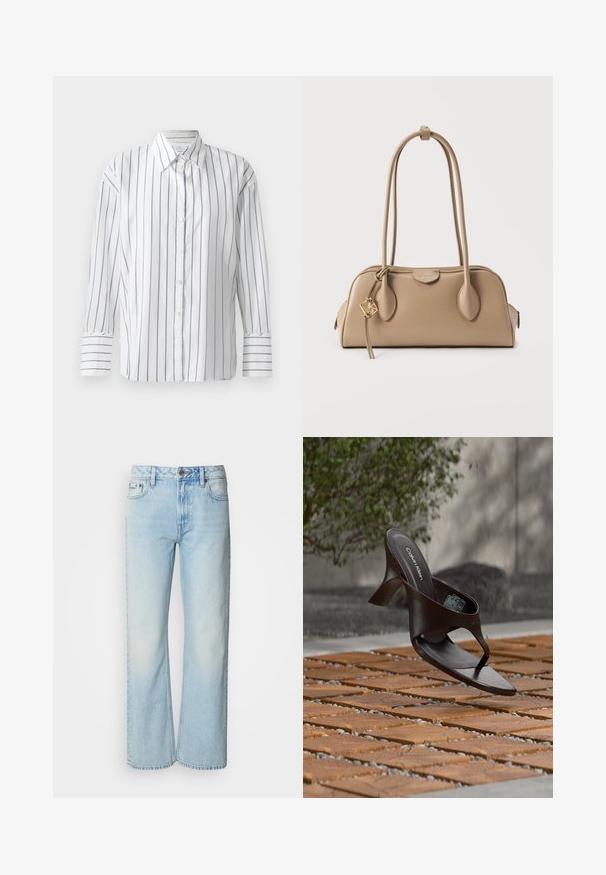 Chemise blanche à manches longues présentant de fines rayures verticales bleues, avec un devant à boutons et un col classique. Tissu en coton lisse, coupe décontractée.; Jeans à jambes larges bleu clair en denim, présentant un design classique à cinq poches et une texture légèrement décolorée. La couture en denim est visible.; Sandale à talon marron Calvin Klein suspendue au-dessus d'un sol extérieur en dalles de bois et gravier avec un arrière-plan flou de verdure et de pierres.; Sac à main beige avec une texture en cuir lisse. Forme arrondie, deux longues anses et un détail de quincaillerie dorée sur une fermeture éclair.