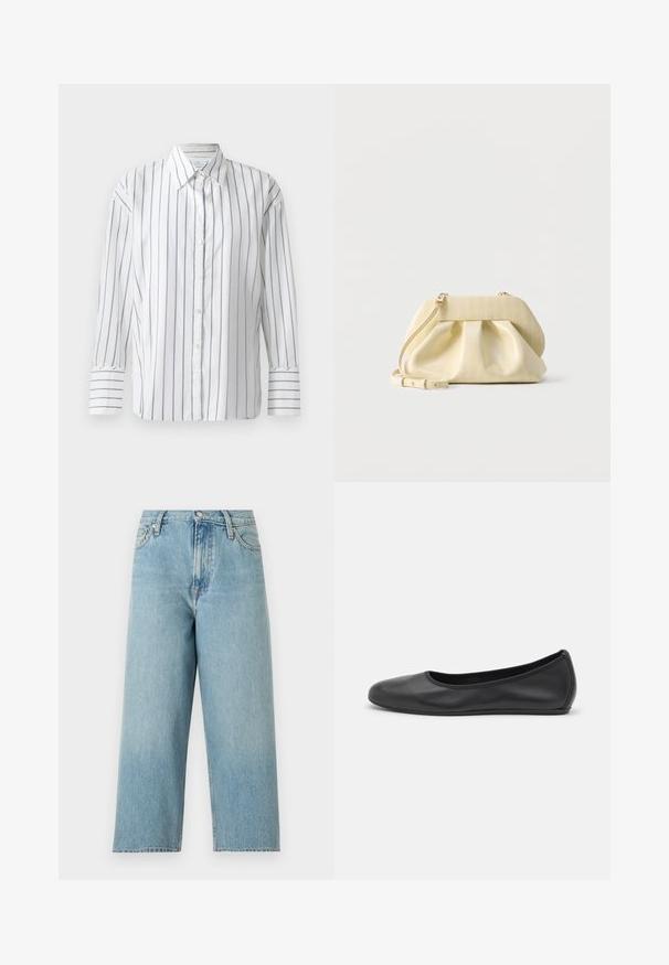 Chemise blanche à manches longues présentant de fines rayures verticales bleues, avec un devant à boutons et un col classique. Tissu en coton lisse, coupe décontractée.; Jean bleu clair taille haute à jambes larges avec poches avant, passants pour ceinture et fermeture à bouton en métal.; Ballerines en cuir noir avec un bout rond, texture lisse, détails de couture minimalistes et design de semelle flexible.; Petit sac à main en cuir jaune pâle avec devant froncé, ferrures dorées et bandoulière réglable sur fond blanc.