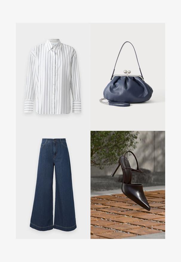 Hvid langærmet skjorte med smalle blå lodrette striber, knaplukning foran og klassisk krave. Glat bomuldsstof, afslappet pasform.; Mørkeblå brede jeans lavet af denim, med høj talje, knaplukning og foldet kant med diskrete syninger.; Blank højhælet mule med spids tå og ankelrem, svævende over en terracottaflisebelagt overflade med grusfyldte mellemrum.; Blød navyblå læderhåndtaske med sølv lukning, enkelt skulderrem og aftagelig kæde til håndleddet på hvid baggrund.