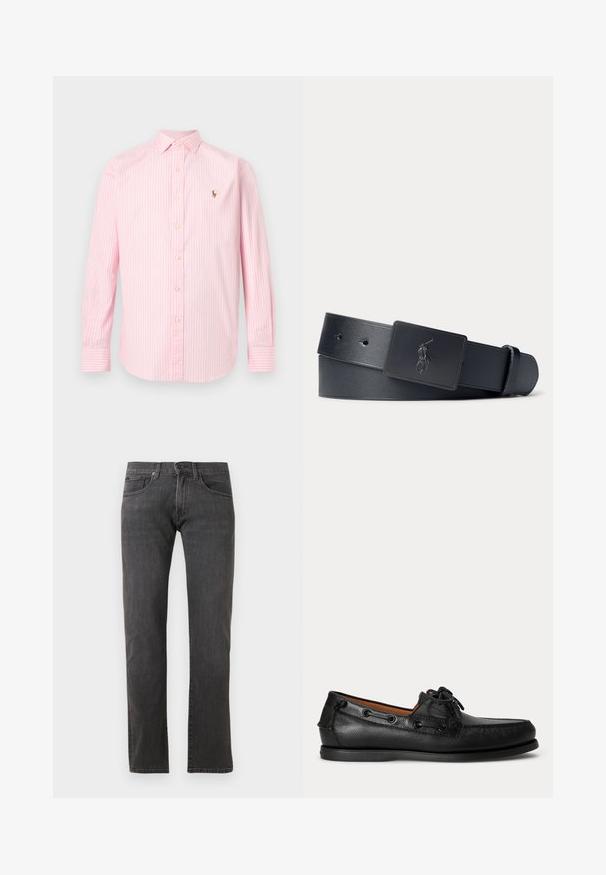 Chemise à manches longues à rayures verticales roses et blanches, avec col et petit logo brodé sur la poitrine gauche.; Jean en denim gris foncé avec une coupe droite, un design à cinq poches et des détails de couture subtils. Fabriqué en tissu riche en coton.; Mocassin en cuir noir avec détail lacé et semelle basse en caoutchouc, présenté de profil sur un fond clair uni.; Ceinture en cuir noir avec une boucle rectangulaire noire ornée d'un logo de joueur de polo en relief.