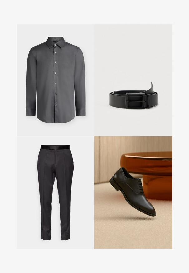 Mørkegrå langærmet herreskjorte med spids krave og knapper foran, vist på en lysegrå baggrund.; Sorte skræddersyede bukser med slim fit, flad front og diskret glans. Har en glat sort talje og kantdetaljer langs benene.; Sort poleret læder snøresko til fest, der svæver over beige tæppe, med stort rundt glasbord i ravfarve i baggrunden.; Sort læderbælte med en glat tekstur og en rektangulær metalspænde, der har et enkelt design uden synlige mønstre eller accenter.