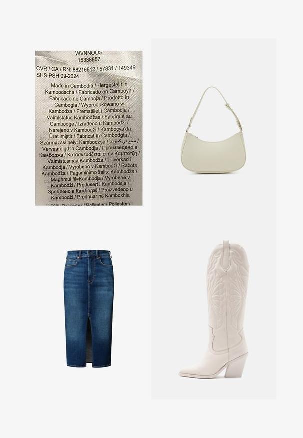 Etiqueta con texto multicolor sobre un fondo de tela clara. Enumera los detalles de fabricación en varios idiomas; indica principalmente "Hecho en Camboya".; Falda midi de mezclilla azul oscuro con abertura frontal, cierre de botones, trabillas para cinturón y bolsillos delanteros.; Bota vaquera de cuero blanco con punta afilada y tacón bloqueado. Presenta patrones de costura intrincados en el caña y una textura suave.; Pieces PCALUANA SHOULDER BAG - Bolso de mano - birch