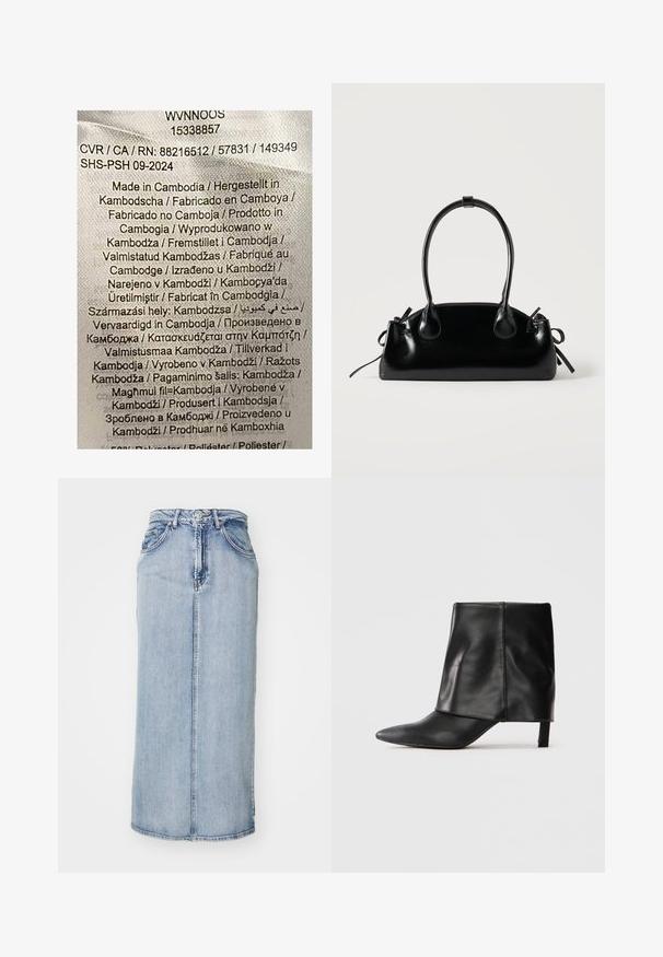 Etiket med multicolor tekst på en lys stofbaggrund. Angiver produktionsdetaljer på forskellige sprog; angiver primært "Fremstillet i Kambodja."; Lyseblå denim midi-nederdel med en tætsiddende talje, forstænk og sidelommer; har en let falmet tekstur.; Sort læderstøvle til midten af læggen med spids tå, foldet øvre skaft og slank lav hæl, der står på hvid baggrund.; Lille sort blank håndtaske med to lange håndtag og snøre-detaljer i siden på en ensfarvet lys baggrund.
