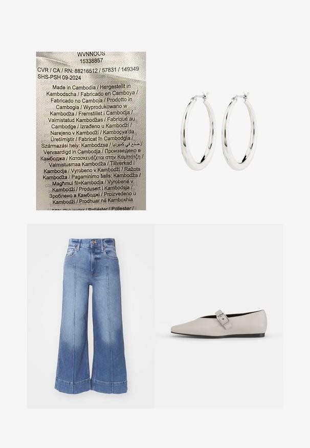 Etiket med multicolor tekst på en lys stofbaggrund. Angiver produktionsdetaljer på forskellige sprog; angiver primært "Fremstillet i Kambodja."; Vidde denim jeans i lyseblå, med høj talje, falmet design, forlommer og syede detaljer langs benene.; Beige læder flad sko med spidse tæer, en sidelukning som accent og en lav sort sål. Glat tekstur og minimalistisk design.; Sølvøreringe i form af hoops med en glat, blank finish. Cirkulær form, der har en sikker lås. Simpelt og elegant design.