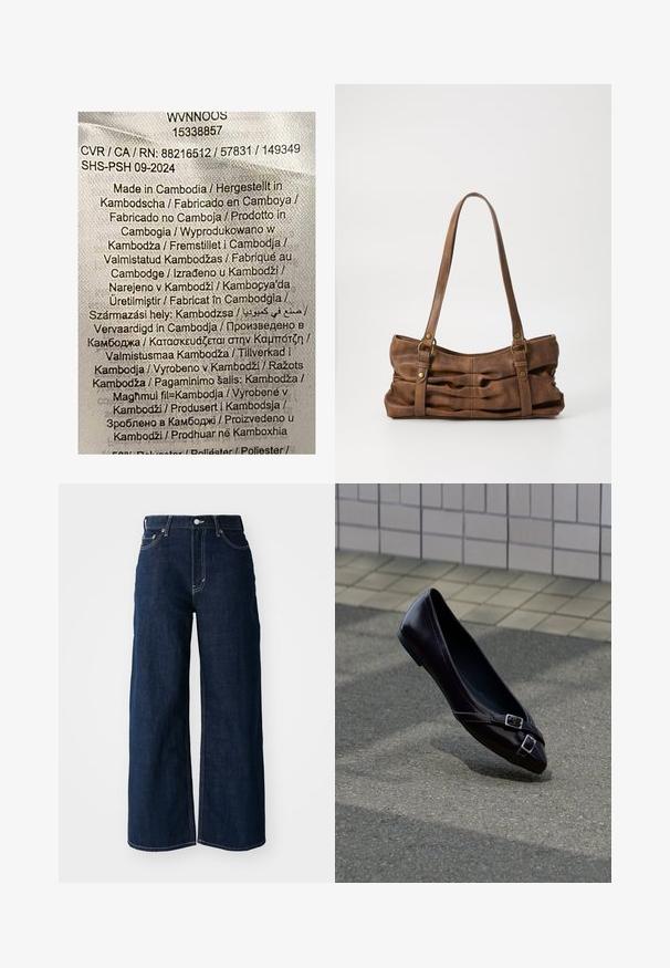 Etikett mit mehrfarbigem Text auf einem hellen Stoffhintergrund. Listet Herstellungsdetails in verschiedenen Sprachen auf; hauptsächlich steht "Hergestellt in Kambodscha."; Weit geschnittene, dunkelblaue Jeans mit kontrastierenden Nähten, fünf Taschen und einem Knopfverschluss an der Taille.; Schwarzer spitzer Ballerinaschuh mit zwei kleinen silbernen Schnallen, der über Asphalt nahe einer gefliesten Wand schwebt.; Even&Odd Handtasche - brown