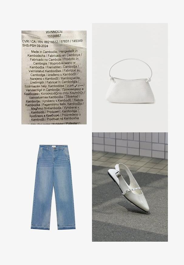 Etiket med multicolor tekst på en lys stofbaggrund. Angiver produktionsdetaljer på forskellige sprog; angiver primært "Fremstillet i Kambodja."; Lyseblå højtaljede wide-leg jeans med knaplukning, frontlommer, bæltestropper og diskret falmet detaljer.; Hvid spids slingback flad sko med to sølvspænder, vist udendørs på tekstureret underlag og flisebelagt væg baggrund.; Hvid fletlæderhåndtaske med afrundet håndtag og ender på remmen, der er knyttet, vist mod en ensfarvet baggrund.