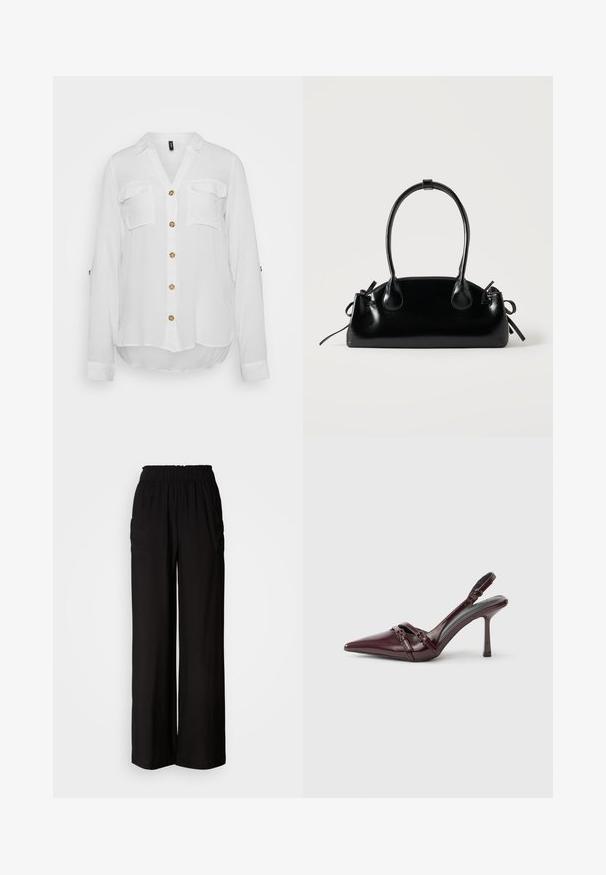 Chemise blanche à manches longues avec un col en V, deux poches poitrine et six boutons ronds. Tissu doux avec un ourlet légèrement arrondi.; Pantalon noir à jambes larges avec une ceinture élastique, deux poches latérales, en tissu léger, présentant une texture lisse et une coupe ample.; Escarpin slingback en cuir verni bordeaux avec bout pointu, fine bride à la cheville et petit détail décoratif de boucle. Texture lisse et talon haut.; Petit sac à main noir brillant avec deux longues anses et des détails à cordon sur les côtés sur un fond clair uni.