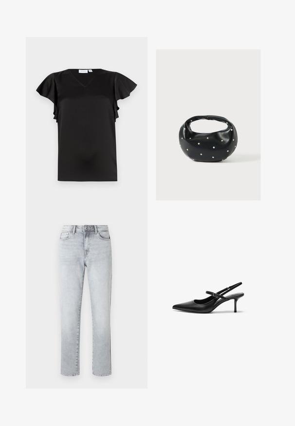 Blouse noire à manches courtes avec col en V et manches flottantes, en tissu lisse et léger, présentée sur fond blanc.; Jean droit gris clair avec fermeture à bouton, poches avant et passants pour ceinture, présenté sur un fond blanc uni.; Talons aiguilles noires en cuir avec un bout pointu, une fine bride réglable, et un talon aiguille d'environ 5 cm, texture lisse.; Sac à main en cuir noir de forme arrondie, décoré de clous argentés et équipé d'une poignée courte. Texture lisse et fermeture éclair.