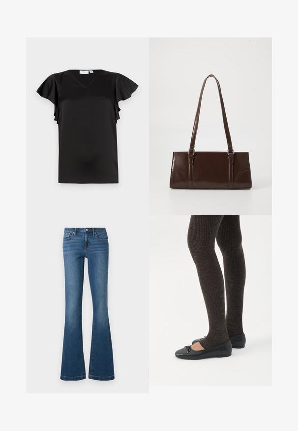 Blouse noire à manches courtes avec col en V et manches flottantes, en tissu lisse et léger, présentée sur fond blanc.; Jean en denim bleu avec une taille haute, bouton et fermeture éclair à l'avant, style cinq poches, jambes évasées sur fond uni.; Jambes portant des leggings côtelés foncés associés à des ballerines noires avec de petits détails en nœud sur fond blanc.; Sac à main en cuir verni marron de forme rectangulaire, avec deux longues poignées et des accents courbés subtils à l'avant.
