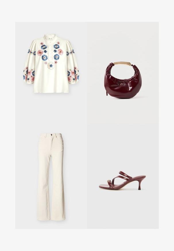 Blouse blanche à manches longues avec col en dentelle et patte de boutonnage, décorée de motifs floraux brodés roses, bleus et crème sur le devant et les manches.; Jean taille haute couleur blanc cassé avec bouton à l'avant, fermeture éclair, poches avant et arrière, et coupe légèrement évasée au niveau des jambes.; Sandales à talons hauts en cuir verni bourgogne avec un bout carré, deux fines lanières et une boucle dorée décorative sur le côté.; Sac à main en simili cuir bordeaux avec une forme arrondie, des détails froncés et une anse en métal doré. Texture lisse et finition brillante.