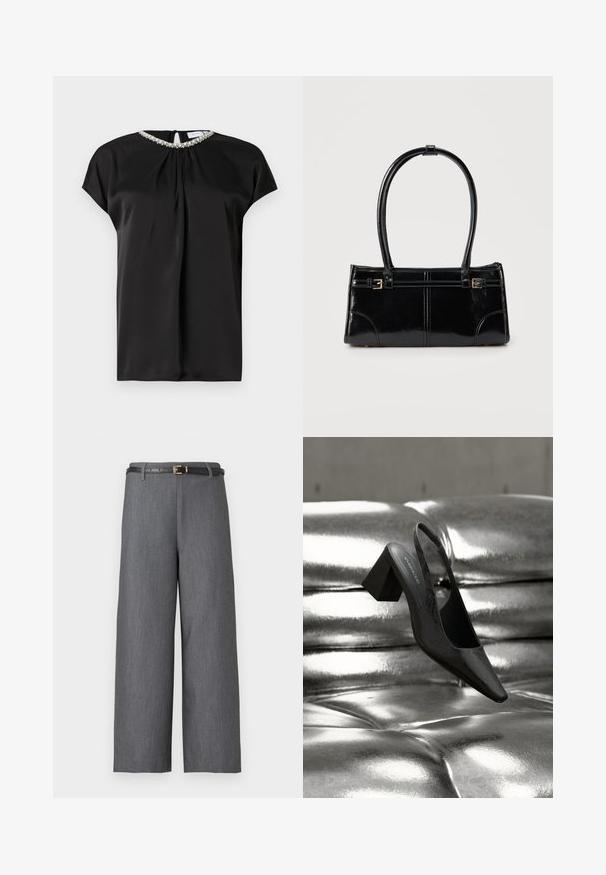 Blouse en satin noir à manches courtes, col avant froncé et détail de col orné. Fermeture à l'arrière avec une fente en forme de goutte.; Pantalon gris à jambes larges et taille haute, associé à une fine ceinture noire avec une petite boucle dorée.; Escarpin noir à bride arrière avec bout pointu, présentant une surface texturée et un talon bloc épais. Posé sur un fond métallique brillant.; Sac à main rectangulaire noir brillant avec deux fines bretelles et petits détails de boucles dorées à l'avant.