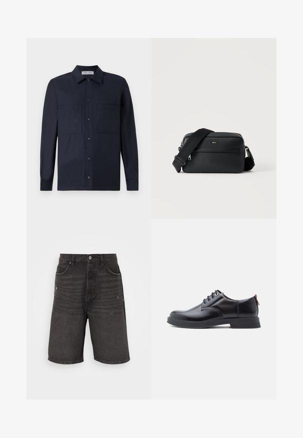 Samsøe Samsøe TAKA JO OVERSHIRT - Skjorter - dark blue; Sorte denim shorts med afslappet pasform, der har frontlommer, en slidt tekstur og et klassisk taljebånd med en enkelt knaplukning.; Sorte snørestøvler i læder med glat tekstur, rundet tå og diskrete syningsdetaljer. Har en rød trækflig på hælen.; Sort tekstureret læder crossbody taske med front lynlåslomme og justerbar bred stofskulderrem på hvid baggrund.