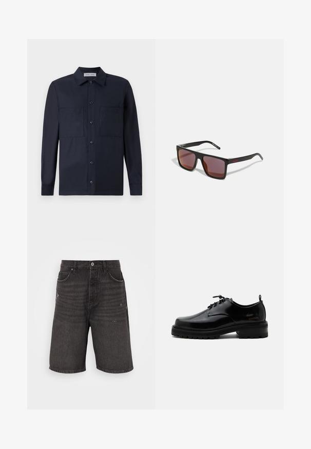 Samsøe Samsøe TAKA JO OVERSHIRT - Skjorter - dark blue; Sorte denim shorts med afslappet pasform, der har frontlommer, en slidt tekstur og et klassisk taljebånd med en enkelt knaplukning.; Sort poleret læder snørestøvle med tyk gummisål og lav hæl, sideskilt med mærketekst "SAMSOE" og bageste træksnor.; Sorte rektangulære solbriller med mørkerøde linser, med en mat finish og rød logo på stangen. Solid plastikramme.