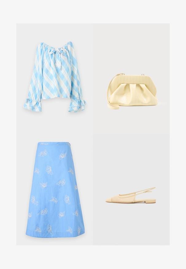 Lyseblå og hvide ternet off-shoulder bluse med lange pufærmer, flæsekantede manchetter og en bindebånd i halsudskæringen.; Blå A-formet nederdel med hvidt blomsterbroderi spredt ud over stoffet.; Slingback fladsko i lys beige med en mesh-overdel, spids tå og en lav hæl. Har en justerbar strop for bedre pasform.; Clutch-taske i cremefarvet læder med en struktureret topramme og håndledsrem, vist mod en enkel lys baggrund.