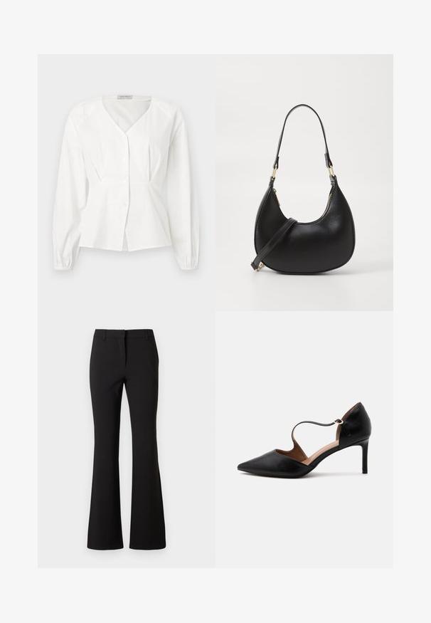 Witte blouse met lange mouwen en V-hals, knopen aan de voorkant, getailleerde taille en elastische manchetten, getoond op een effen achtergrond.; Zwarte wijde broek van gladde stof, met een voorplooi, riemlussen en een getailleerde pasvorm. Eenvoudig ontwerp zonder zichtbare patronen.; Zwarte leren pumps met een puntige neus, een smalle enkelband en een midhoge stilettohak op een witte achtergrond.; Zwarte leren handtas met een gebogen vorm, uitgerust met een bovenste ritsluiting, een kort handvat en een afneembare schouderband. Gouden hardware accenten.