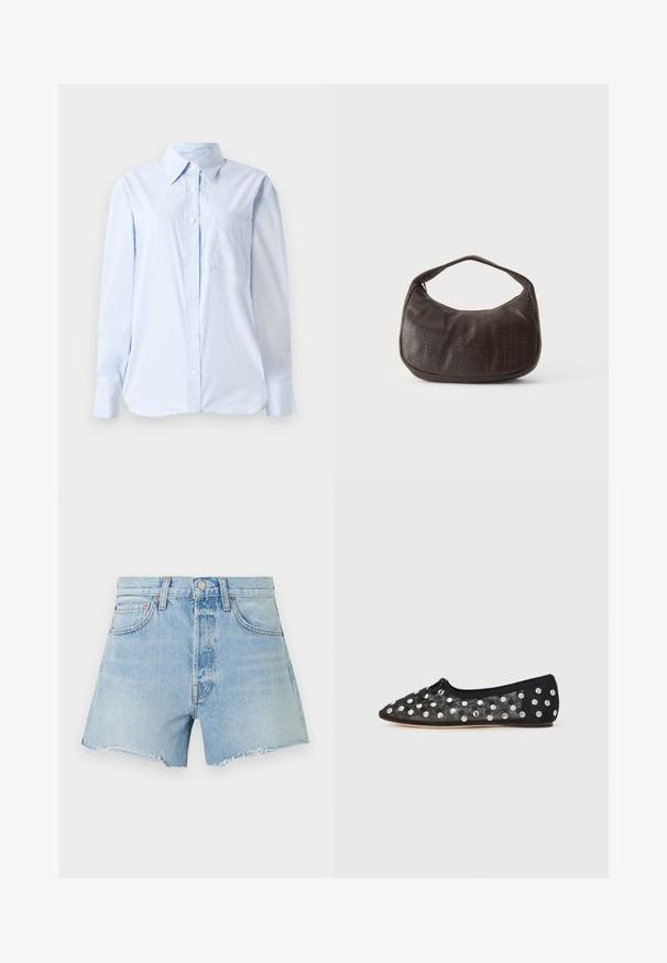 Helles blaues Button-Down-Hemd aus Baumwolle, mit einem spitzen Kragen, langen Ärmeln, einer Brusttasche und einem geraden Saum.; Hellblaue, hochgeschnittene Denim-Shorts mit ausgefransten Säumen, Knopfverschluss vorne und Fünf-Taschen-Design auf weißem Hintergrund.; Schwarzer flacher Schuh mit spitzem Zehenbereich, aus Netzstoff mit großen silbernen Punkten und einer kleinen Schleifchen-Applikation an der Vorderseite. Strukturierter Stoff.; Kleine dunkelbraune strukturierte Handtasche mit kurzem Trageriemen und abgerundetem Boden auf schlichtem hellem Hintergrund.