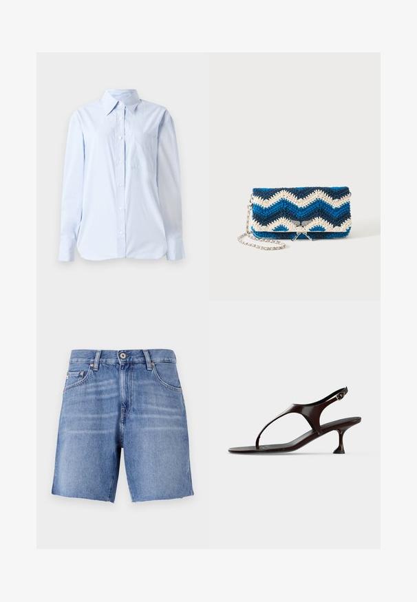 Lyseblå button-up skjorte lavet af bomuld, med spids krave, lange ærmer, en brystlomme og en lige kant.; Lyseblå denimshorts med lige snit, rå kant, fem lommer og metalknaplukning. Stoffet har en glat tekstur med let falming.; Mørkebrun laklædersandal med rem bagpå, lille hæl og tårem på hvid baggrund.; Blå, marineblå og hvid hæklede clutch taske med zigzag mønster og sølvkæde rem, vist mod en ensfarvet hvid baggrund.
