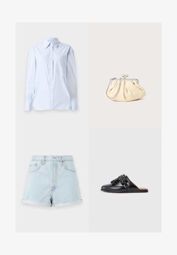Lyseblå button-up skjorte lavet af bomuld, med spids krave, lange ærmer, en brystlomme og en lige kant.; Lyseblå denim shorts med høj talje, opadvendte manchetter, kobbernitter og en frontlynlås. Har klassisk fem-lomme stil.; Sorte læder slip-on sko med rund tå, der har en fletket kædeaccent og frynser. Glat tekstur og flad sål.; Plisseret beige læderclutch med en sølvmetalramme, der har to runde dekorative låse og en sølvkædetrasporte.