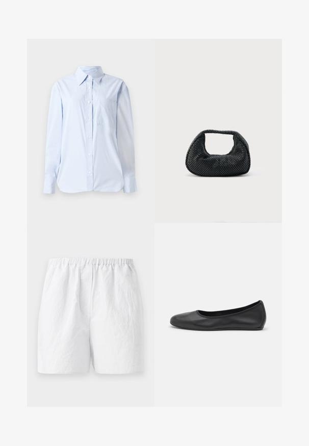 Lyseblå button-up skjorte lavet af bomuld, med spids krave, lange ærmer, en brystlomme og en lige kant.; Hvide shorts med elastisk talje, fremstillet i et tekstureret stof med en afslappet pasform. Enkel design, ingen mønstre eller udsmykninger.; Sort læderballetsko med rund tå, glat tekstur, minimal syning og et fleksibelt såldesign.; Sort flettet hobo-taske med blød struktur og integreret håndtag, vist på en ensfarvet lys baggrund.